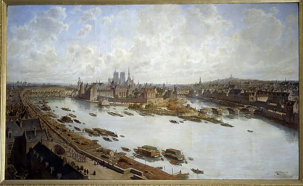Panoramic view of Paris and the Ile de la Cite in 1588 from the roofs of the Louvre