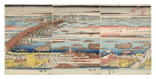 Panoramic View of a Summer Evening at Ryogoku Bridge, c. 1832-34 (woodblock)