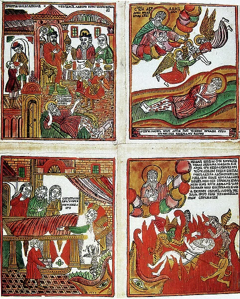 Parables, including the Raising of Lazarus. 19th century (Russian popular coloured woodcut)
