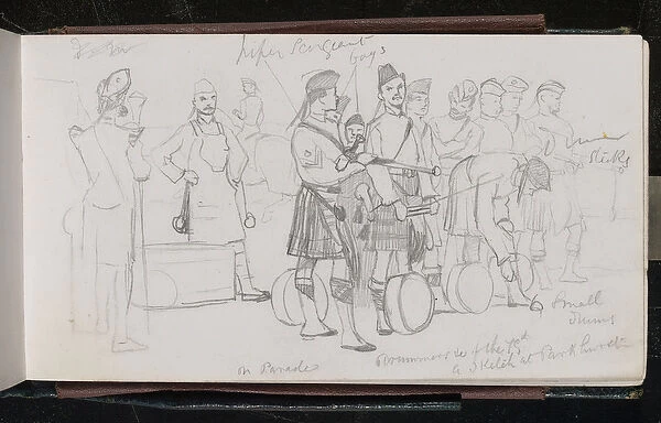 On parade. Drummers of the 79th. A sketch at Parkhurst, 1873 (pencil)