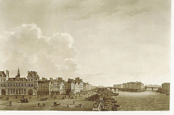 Paris. City Hall and Seine River, 19th century (lithograph)