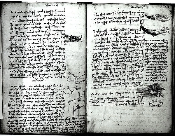 Paris Manuscript E, fol. 22v and 23r: Sketch of the flight of birds