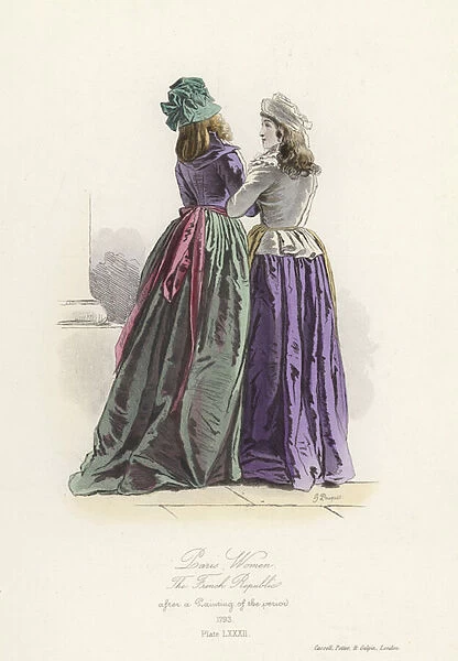 Paris women, time of the French Revolution (coloured engraving)