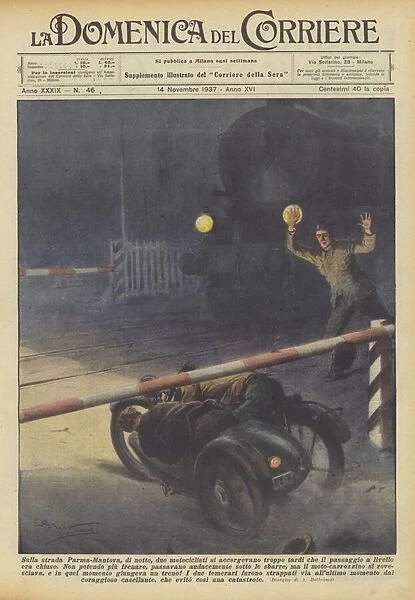 On the Parma-Mantua road, at night, two motorcyclists noticed too late that... (colour litho)