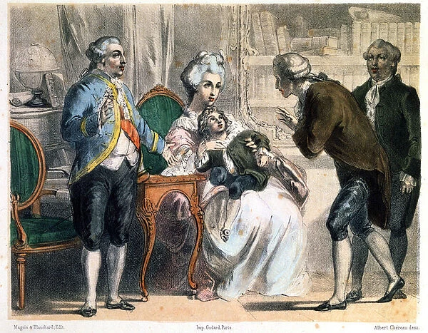 Parmentier presents the potato to Louis XVI and his family (colour litho)