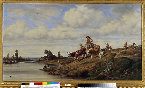 The passage of the Gue A cow passing a river with his herd. Painting by Emile Loubon (1809-1863) Mandatory mention: Collection fondation regards de Provence, Marseille