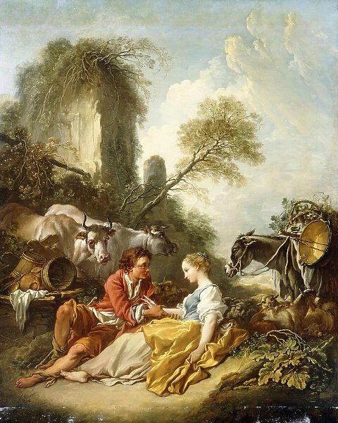 A Pastoral Landscape with a Shepherd and Shepherdess seated by Ruins, (oil on canvas)