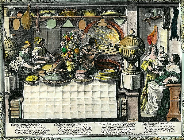 A pastry shop in the 17th century: the back shop where bakers and pastry makers make