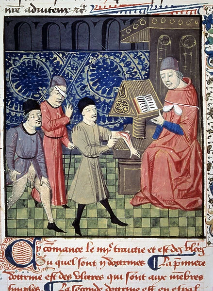 Three patients with ulcerae in the arm, eye and sex in front of the doctor. Miniature from 'Surgery'(Folio 66) written by Guy de Chauliac (1290? 1368). 15th century manuscript. BN, Paris