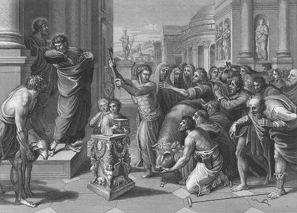 Paul and Barnabas at Lystra, Acts, Chapter 14, Verses 8-19 (engraving)