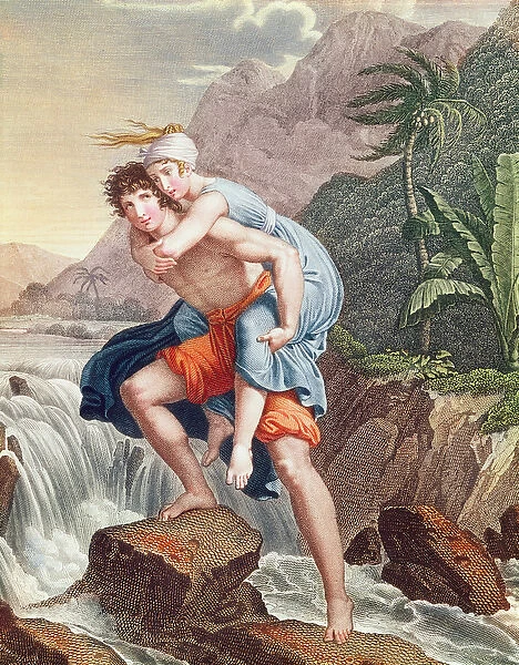 Paul carrying Virginie across the river, 1805 (colour engraving)