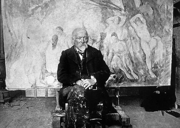 Paul Cezanne (1839-1906) French painter in 1904 in front of one of his canvas showing swimmers (b  /  w photo)