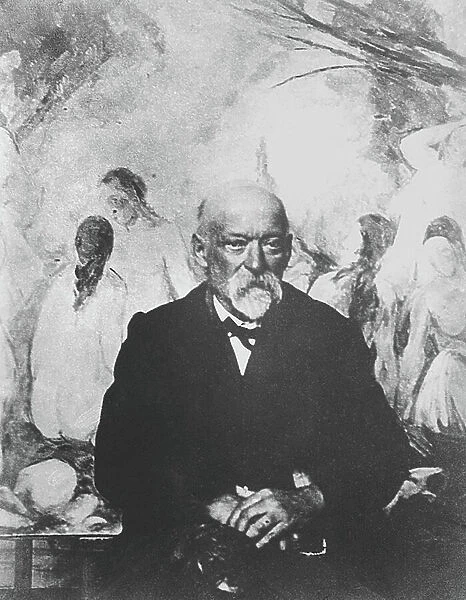 Paul Cezanne (1839-1906) in front of his painting Les Grandes Baigneuses 1904 (b / w photo) (see also 217621)