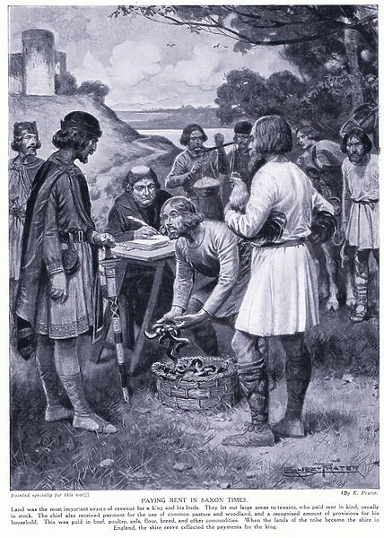 Paying rent in Saxon times, 1920s (litho)