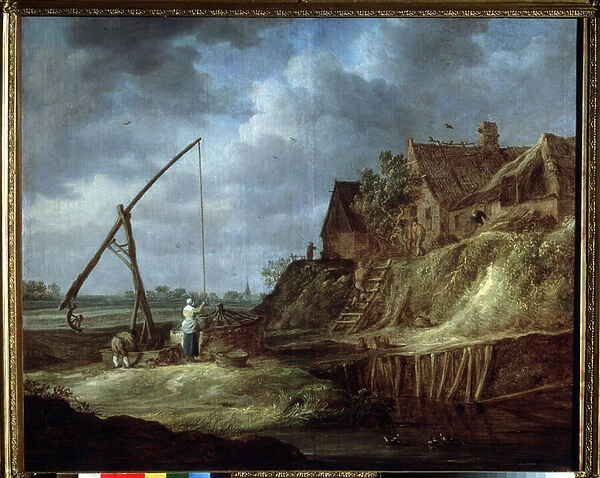 'Paysage au puits'Maisons ou ferme hollandaise avec toit de chaume. (Landscape with a draw well) Peinture de Jan Josefsz van Goyen (1596-1656) 1642 Musee Pouchkine, Moscou
