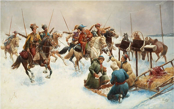 Paysage d hiver avec des cosaques (Winter landscape with Cossacks) (distribution du courrier) - Peinture de Adolf Baumgartner Stoiloff (Baumgartner-Stoiloff) (1850-1924), huile sur toile, 82x130 cm - Collection privee