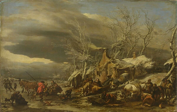Paysage d hiver - Winter Landscape, by Berchem, Nicolaes (Claes) Pietersz, the Elder (1620-1683). Oil on wood, 1645-1648. Dimension : 59x93 cm. Muzeul National Brukenthal, Sibiu