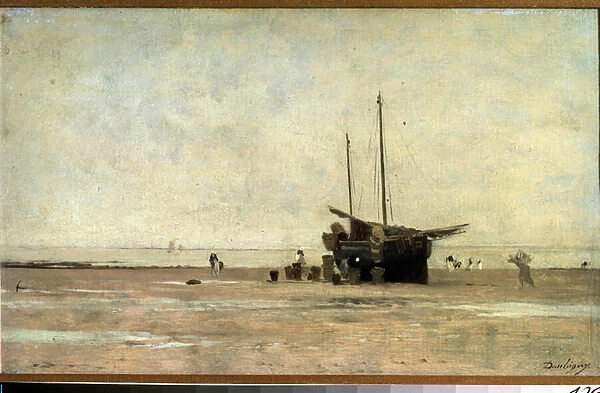 'Paysage marin'Un voilier sur le sable a la maree basse. Peinture de Charles Francois Daubigny (1817-1878) 1868-1872 Musee Pouchkine, Moscou