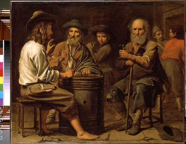 Paysans dans une auberge. (Peasants in a Tavern). Trois hommes a table buvant du vin et mangeant du fromage servi par un jeune garcon, sur un tonneau. Peinture de Mathieu Le Nain (1607-1677), vers 1640. Huile sur toile