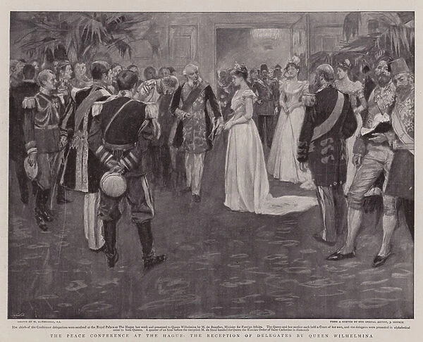 The Peace Conference at the Hague, the Reception of Delegates by Queen Wilhelmina (litho)