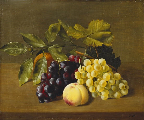 A Peach, an Orange and Grapes on a Wooden Ledge, (oil on canvas)
