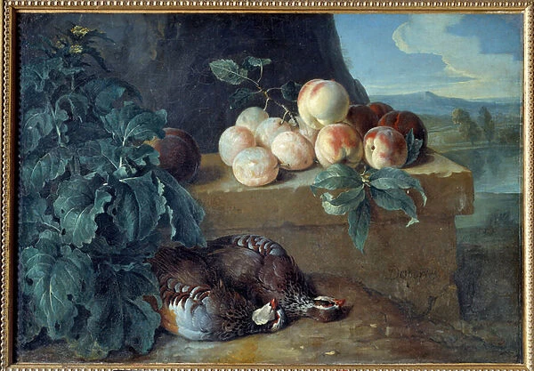 Peaches and partridges. Painting by Francois Desportes (1661-1743), 18th century