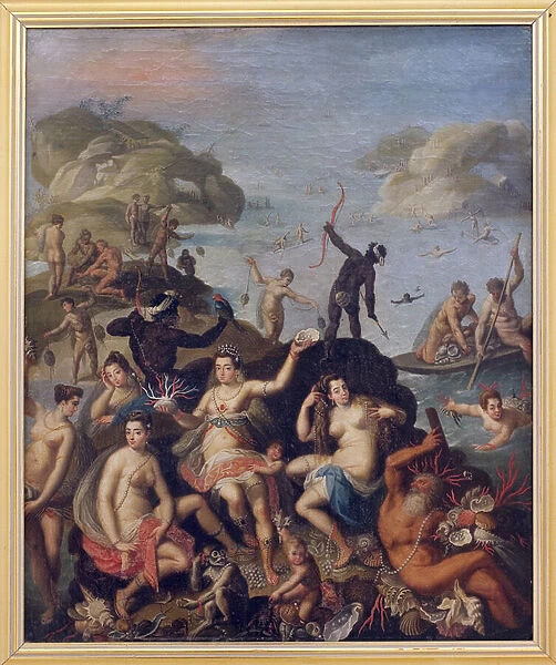 Pearl fishing. Allegorical representation of the discovery of the New World. Aquatic and Indian nymphs with the riches of the sea, coral, pearl shells. Painting around 1590, after Jacopo Zucchi (1541-1589  /  90). Italian art, 16th century
