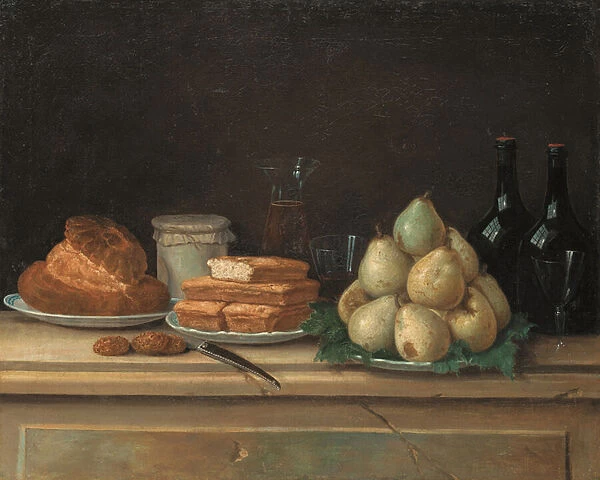 Pears and bread on plates, with bottles of wine and glasses on a stone ledge (oil on canvas)