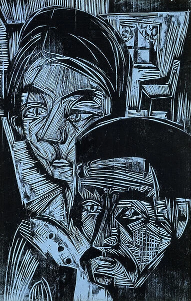 Peasant Couple in the Cottage, 1919 (woodcut on heavy blue wove paper)