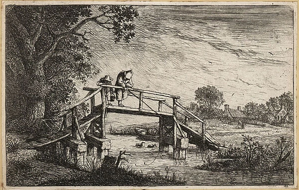 Peasant with fishing rod on a wooden bridge over a stream. 1803 (engraving)