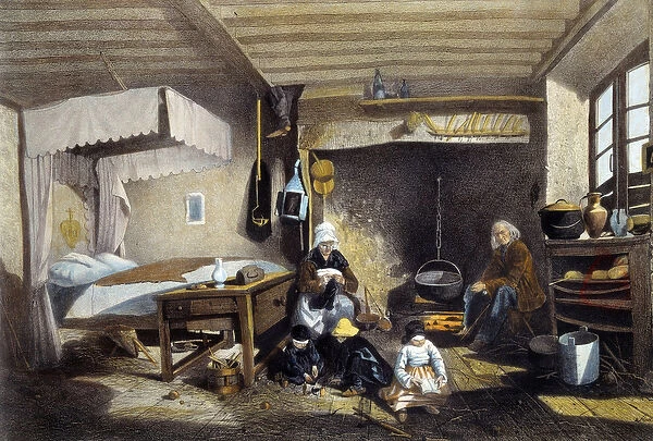 Peasant interior near Royat in Auvergne. The mother is sewing
