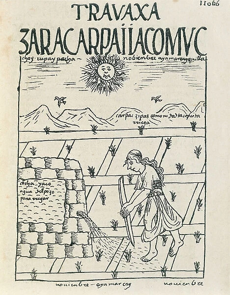 A peasant irrigating his field in November (Ink drawing, 16th century)