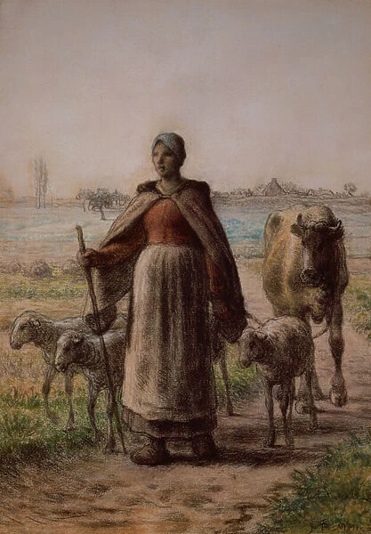 Peasant leading her cow and sheep to the fields, 1863 (pastel)