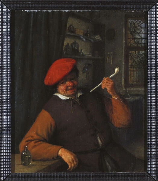 A Peasant in a Red Beret Smoking a Pipe, in an Interior (oil on panel)