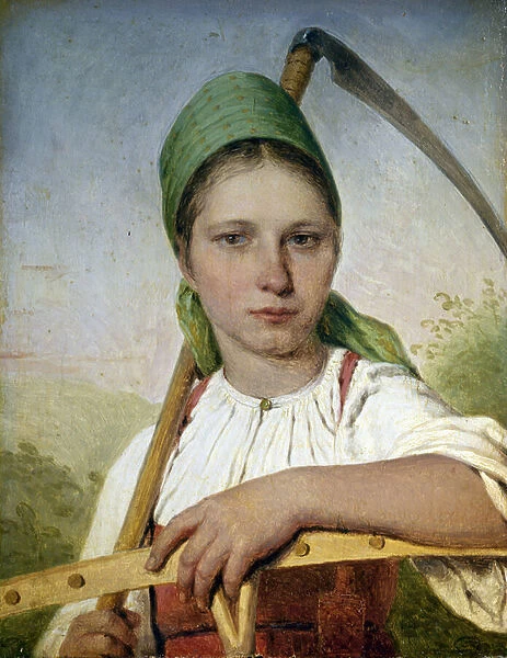 Peasant woman with a scythe and rake