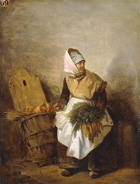 A Peasant Woman with Vegetables and Bread, (oil on canvas)