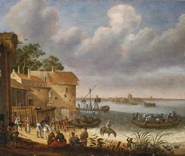 Peasants on the beach with a ferry (oil on panel)