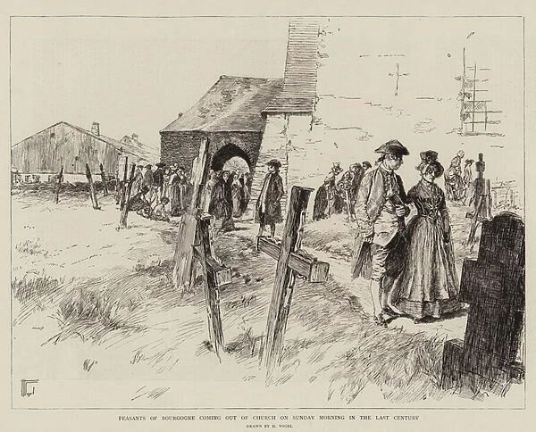 Peasants of Bourgogne coming out of Church on Sunday Morning in the Last Century (engraving)