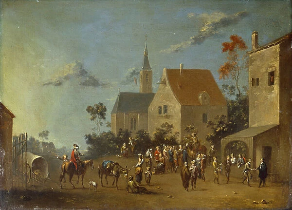 Peasants congregating in a village (oil on metal)