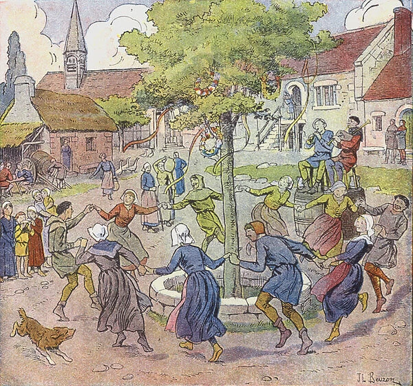 Peasants dancing at a festival (colour litho)