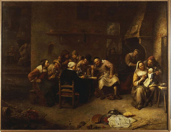 Peasants drinking and smoking in an Inn (oil on canvas)