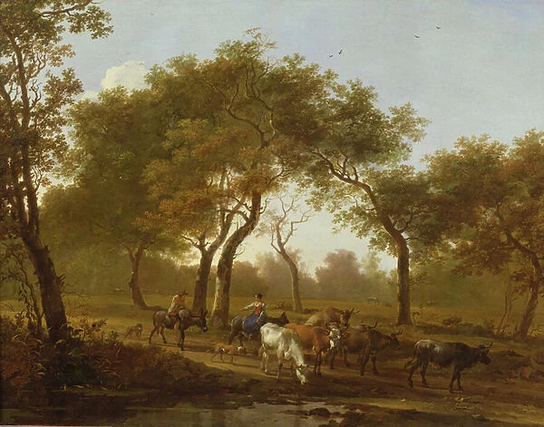Two peasants with a herd of cattle on a wooded path leading to a lake, 17th century