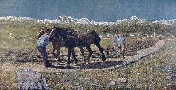 Peasants ploughing a field in the north of Italy, illustration from the magazine