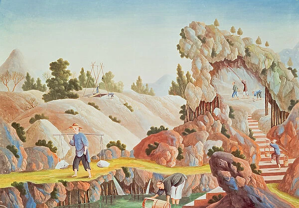 Peasants quarrying and collecting kaolin for a porcelain factory (litho)