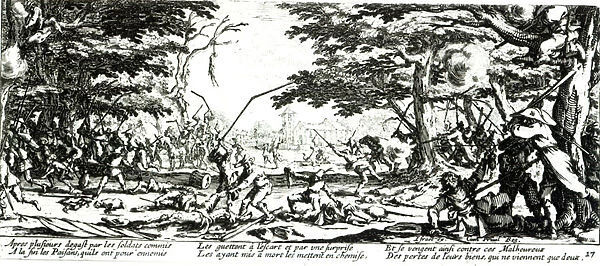 The Peasants Revenge, plate 17 from The Miseries and Misfortunes of War, engraved by Israel Henriet (c. 1590-1661) 1633 (engraving) (b  /  w photo)