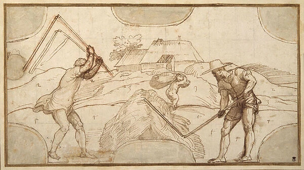 Two peasants threshing (pen & brown ink with brown wash on paper)