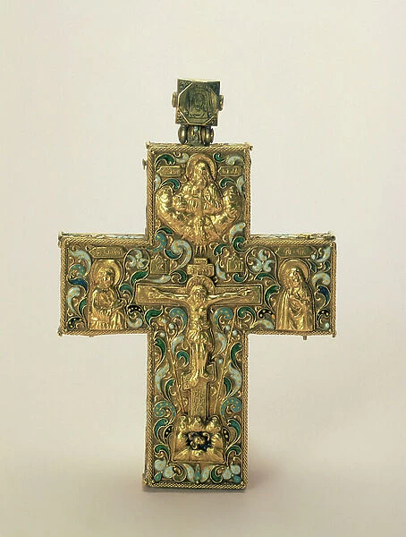Pectoral cross reliquary, Russian, early 17th century (gold, silver, filigree, enamel, niello)
