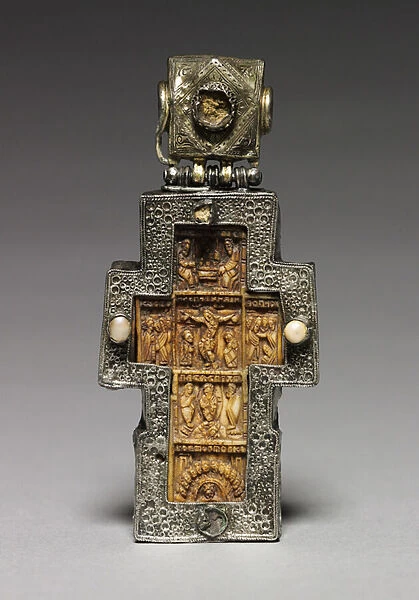 Pectoral Cross, Russia, 1600s (walrus ivory, wood, partially gilt silver and pearls)
