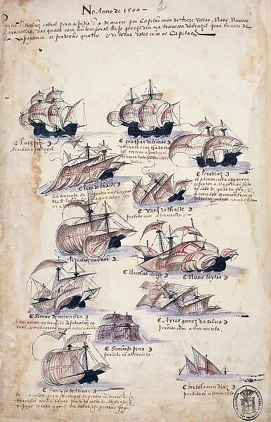 Pedro Alvares Cabral (c. 1467-c. 1520) Arriving in Brazil in 1500, from Libro dea Armadas