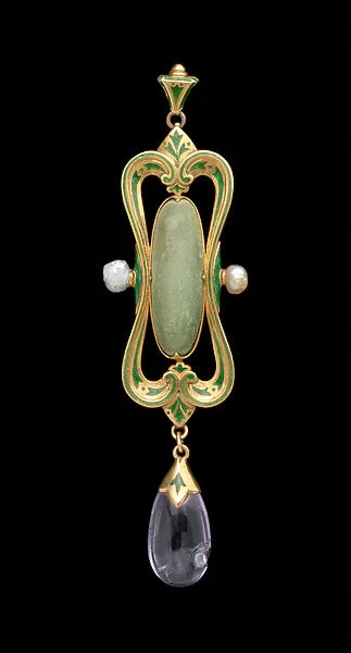 Pendant (gold, enamel, translucent green gem & pearl)